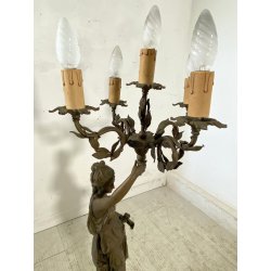 ANTICA LAMPADA BRONZO LIBERTY CANDELABRO 5 LUCI STATUA DIANA CACCIATRICE 82 cm/h