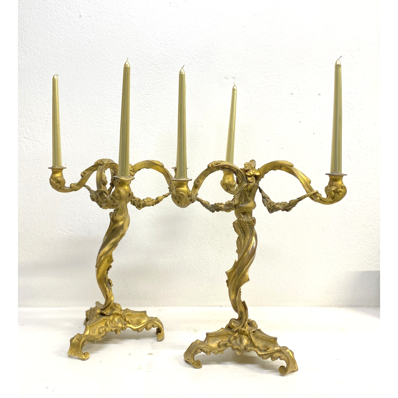 COPPIA CANDELABRO ROCAILLE PORTACANDELE  3 BRACCI BRONZO DORATO PATINA 40 cm/h