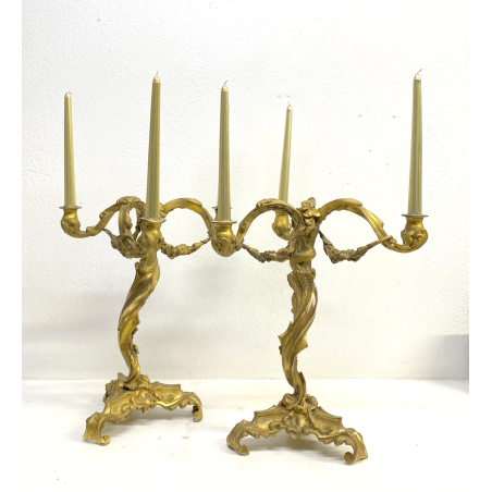 COPPIA CANDELABRO ROCAILLE PORTACANDELE  3 BRACCI BRONZO DORATO PATINA 40 cm/h
