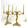 COPPIA CANDELABRO ROCAILLE PORTACANDELE  3 BRACCI BRONZO DORATO PATINA 40 cm/h