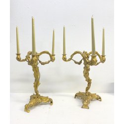 COPPIA CANDELABRO ROCAILLE PORTACANDELE  3 BRACCI BRONZO DORATO PATINA 40 cm/h