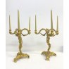 COPPIA CANDELABRO ROCAILLE PORTACANDELE  3 BRACCI BRONZO DORATO PATINA 40 cm/h
