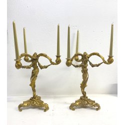 COPPIA CANDELABRO ROCAILLE PORTACANDELE  3 BRACCI BRONZO DORATO PATINA 40 cm/h