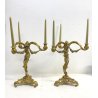 COPPIA CANDELABRO ROCAILLE PORTACANDELE  3 BRACCI BRONZO DORATO PATINA 40 cm/h
