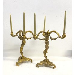 COPPIA CANDELABRO ROCAILLE PORTACANDELE  3 BRACCI BRONZO DORATO PATINA 40 cm/h