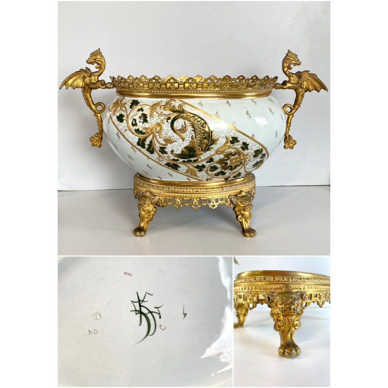 ANTICO CENTROTAVOLA VASO FRANCESE MONTATURE BRONZO DORATO STILE ECLETTICO '900