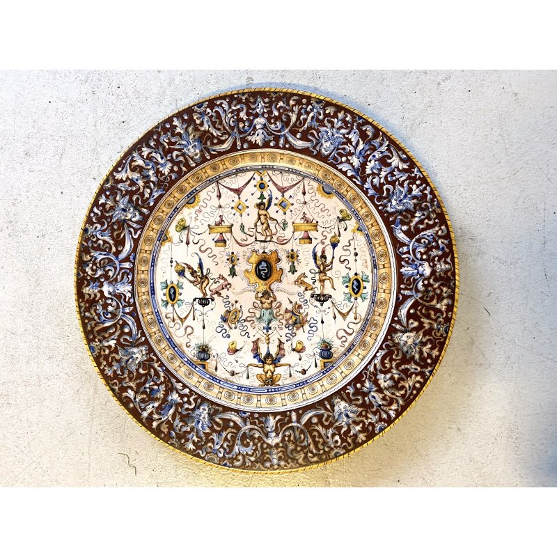 ANTICO PIATTO PARATA TERRACOTTA SMALTATA MAIOLICA DECORO GROTTESCHE ø 48 cm