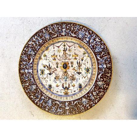 ANTICO PIATTO PARATA TERRACOTTA SMALTATA MAIOLICA DECORO GROTTESCHE ø 48 cm