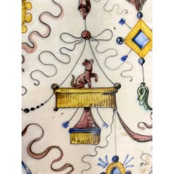 ANTICO PIATTO PARATA TERRACOTTA SMALTATA MAIOLICA DECORO GROTTESCHE ø 48 cm