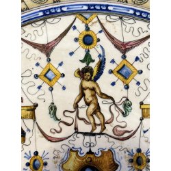 ANTICO PIATTO PARATA TERRACOTTA SMALTATA MAIOLICA DECORO GROTTESCHE ø 48 cm