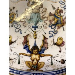 ANTICO PIATTO PARATA TERRACOTTA SMALTATA MAIOLICA DECORO GROTTESCHE ø 48 cm