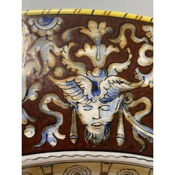 ANTICO PIATTO PARATA TERRACOTTA SMALTATA MAIOLICA DECORO GROTTESCHE ø 48 cm