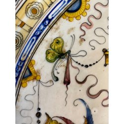 ANTICO PIATTO PARATA TERRACOTTA SMALTATA MAIOLICA DECORO GROTTESCHE ø 48 cm