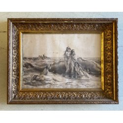 ANTICA STAMPA SCENA MITOLOGICA NUDO FEMMINILE ONDE REALISMO ROMANTICO XIX/XX sec