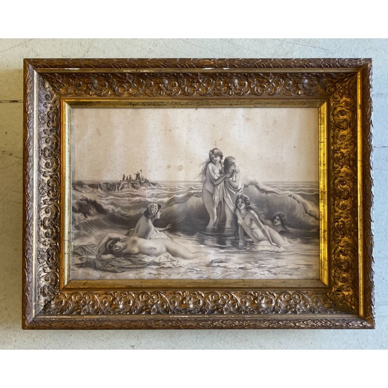 ANTICA STAMPA SCENA MITOLOGICA NUDO FEMMINILE ONDE REALISMO ROMANTICO XIX/XX sec