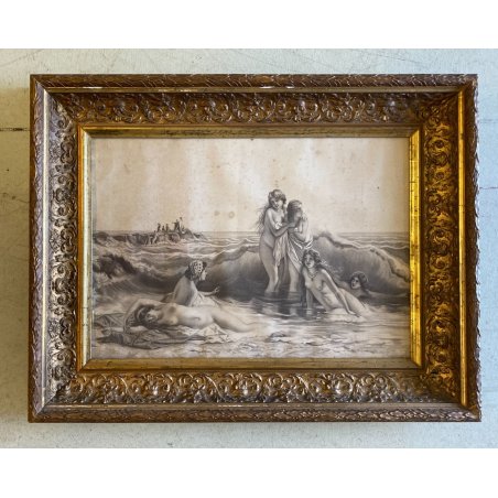 ANTICA STAMPA SCENA MITOLOGICA NUDO FEMMINILE ONDE REALISMO ROMANTICO XIX/XX sec