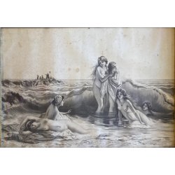ANTICA STAMPA SCENA MITOLOGICA NUDO FEMMINILE ONDE REALISMO ROMANTICO XIX/XX sec