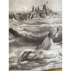 ANTICA STAMPA SCENA MITOLOGICA NUDO FEMMINILE ONDE REALISMO ROMANTICO XIX/XX sec