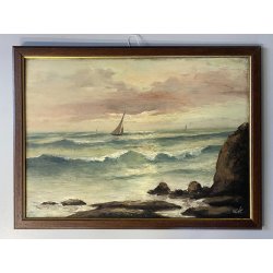 ANTICO DIPINTO OLIO TAVOLA Colmas PAESAGGIO MARINA SCOGLI BARCHE a VELA 1950
