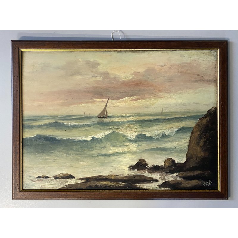 ANTICO DIPINTO OLIO TAVOLA Colmas PAESAGGIO MARINA SCOGLI BARCHE a VELA 1950