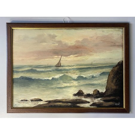 ANTICO DIPINTO OLIO TAVOLA Colmas PAESAGGIO MARINA SCOGLI BARCHE a VELA 1950