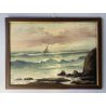 ANTICO DIPINTO OLIO TAVOLA Colmas PAESAGGIO MARINA SCOGLI BARCHE a VELA 1950