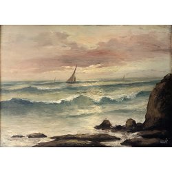 ANTICO DIPINTO OLIO TAVOLA Colmas PAESAGGIO MARINA SCOGLI BARCHE a VELA 1950