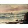 ANTICO DIPINTO OLIO TAVOLA Colmas PAESAGGIO MARINA SCOGLI BARCHE a VELA 1950