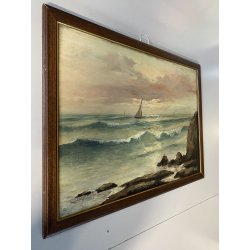 ANTICO DIPINTO OLIO TAVOLA Colmas PAESAGGIO MARINA SCOGLI BARCHE a VELA 1950