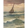 ANTICO DIPINTO OLIO TAVOLA Colmas PAESAGGIO MARINA SCOGLI BARCHE a VELA 1950