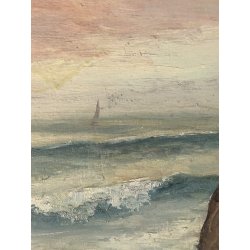 ANTICO DIPINTO OLIO TAVOLA Colmas PAESAGGIO MARINA SCOGLI BARCHE a VELA 1950