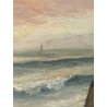 ANTICO DIPINTO OLIO TAVOLA Colmas PAESAGGIO MARINA SCOGLI BARCHE a VELA 1950