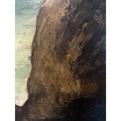 ANTICO DIPINTO OLIO TAVOLA Colmas PAESAGGIO MARINA SCOGLI BARCHE a VELA 1950