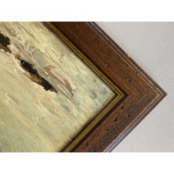 ANTICO DIPINTO OLIO TAVOLA Colmas PAESAGGIO MARINA SCOGLI BARCHE a VELA 1950