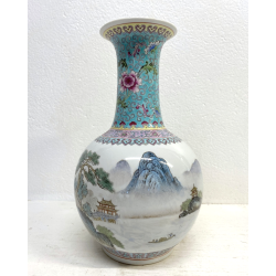 VASO PORCELLANA CINESE FAMILLE ROSE DECORO PAESAGGIO MARCHIO ROSSO 33cm/h XX sec