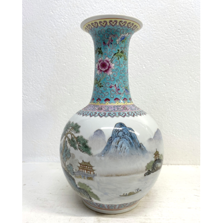 VASO PORCELLANA CINESE FAMILLE ROSE DECORO PAESAGGIO MARCHIO ROSSO 33cm/h XX sec