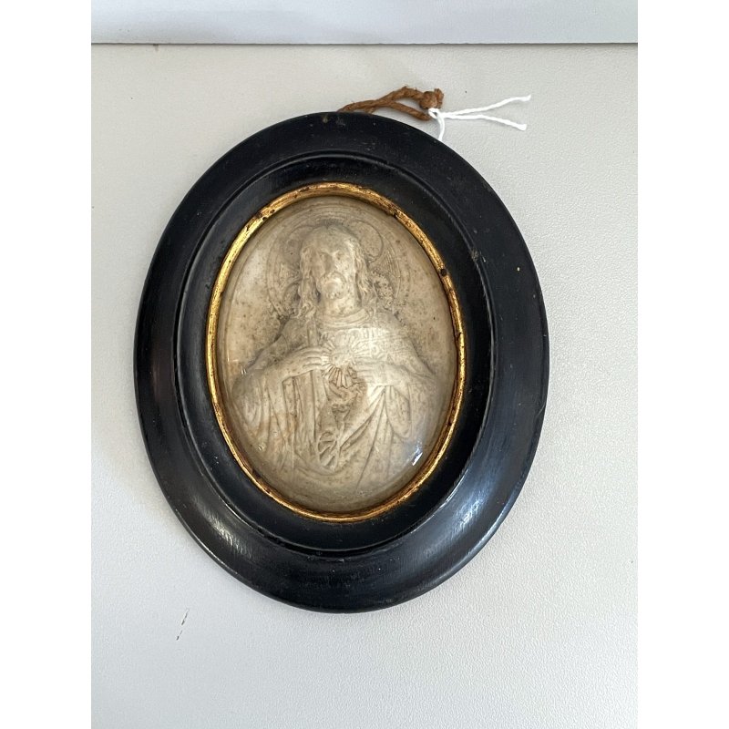 ANTICA ICONA sacro cuore di Gesù SCHIUMA di MARE cornice OVALE teca epoca 1903