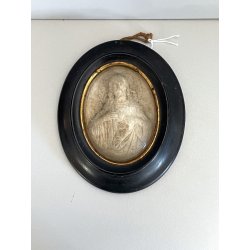ANTICA ICONA sacro cuore di Gesù SCHIUMA di MARE cornice OVALE teca epoca 1903