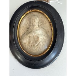 ANTICA ICONA sacro cuore di Gesù SCHIUMA di MARE cornice OVALE teca epoca 1903