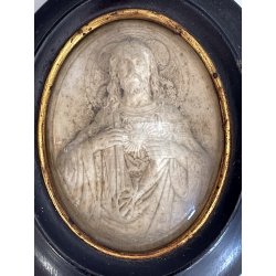 ANTICA ICONA sacro cuore di Gesù SCHIUMA di MARE cornice OVALE teca epoca 1903