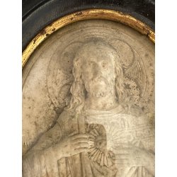 ANTICA ICONA sacro cuore di Gesù SCHIUMA di MARE cornice OVALE teca epoca 1903