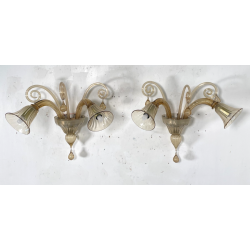 COPPIA APPLIQUES VINTAGE VETRO DI MURANO fumè 2 LUCI LAMPADE MURO ANNI 70 DESIGN