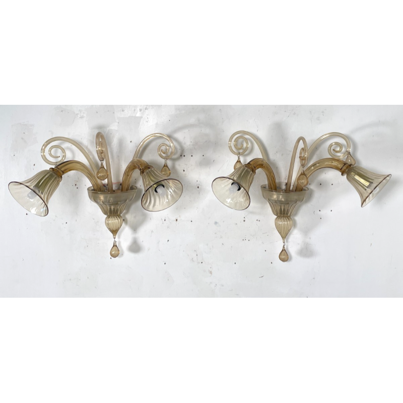 COPPIA APPLIQUES VINTAGE VETRO DI MURANO fumè 2 LUCI LAMPADE MURO ANNI 70 DESIGN