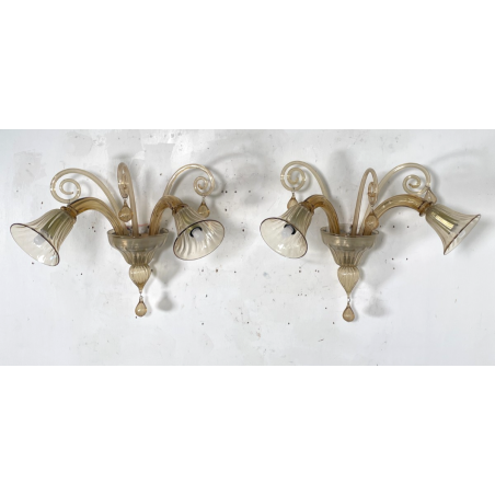 COPPIA APPLIQUES VINTAGE VETRO DI MURANO fumè 2 LUCI LAMPADE MURO ANNI 70 DESIGN