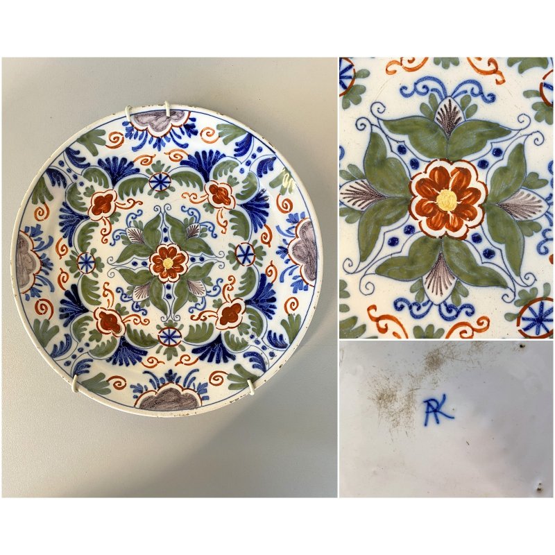 ANTICO PIATTO PARETE CERAMICA POLICROMA Delft DECORO FLOREALE STILE Makkum '900