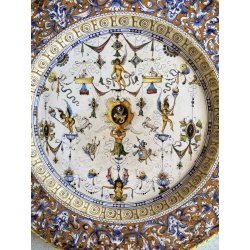 ANTICO PIATTO PARATA TERRACOTTA SMALTATA MAIOLICA "SCA" DECORO GROTTESCHE ø 47cm