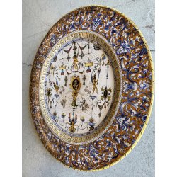 ANTICO PIATTO PARATA TERRACOTTA SMALTATA MAIOLICA "SCA" DECORO GROTTESCHE ø 47cm