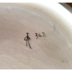 ANTICO PIATTO PARATA TERRACOTTA SMALTATA MAIOLICA "SCA" DECORO GROTTESCHE ø 47cm