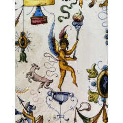 ANTICO PIATTO PARATA TERRACOTTA SMALTATA MAIOLICA "SCA" DECORO GROTTESCHE ø 47cm