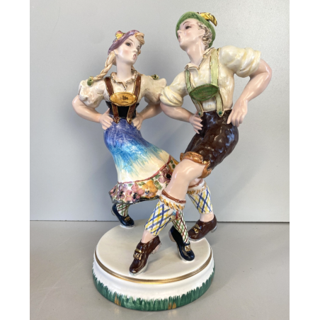 SCULTURA CERAMICA VINTAGE COPPIA BALLERINI TIROLESI BAVARESI DANZA BALLO '40/'50